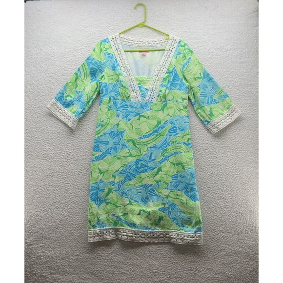 Lilly Pulitzer Dresses & Skirts - Lilly Pulitzer Sherman Tunic Dress Small 100% Linen V Neck Turquoise Gator Alley